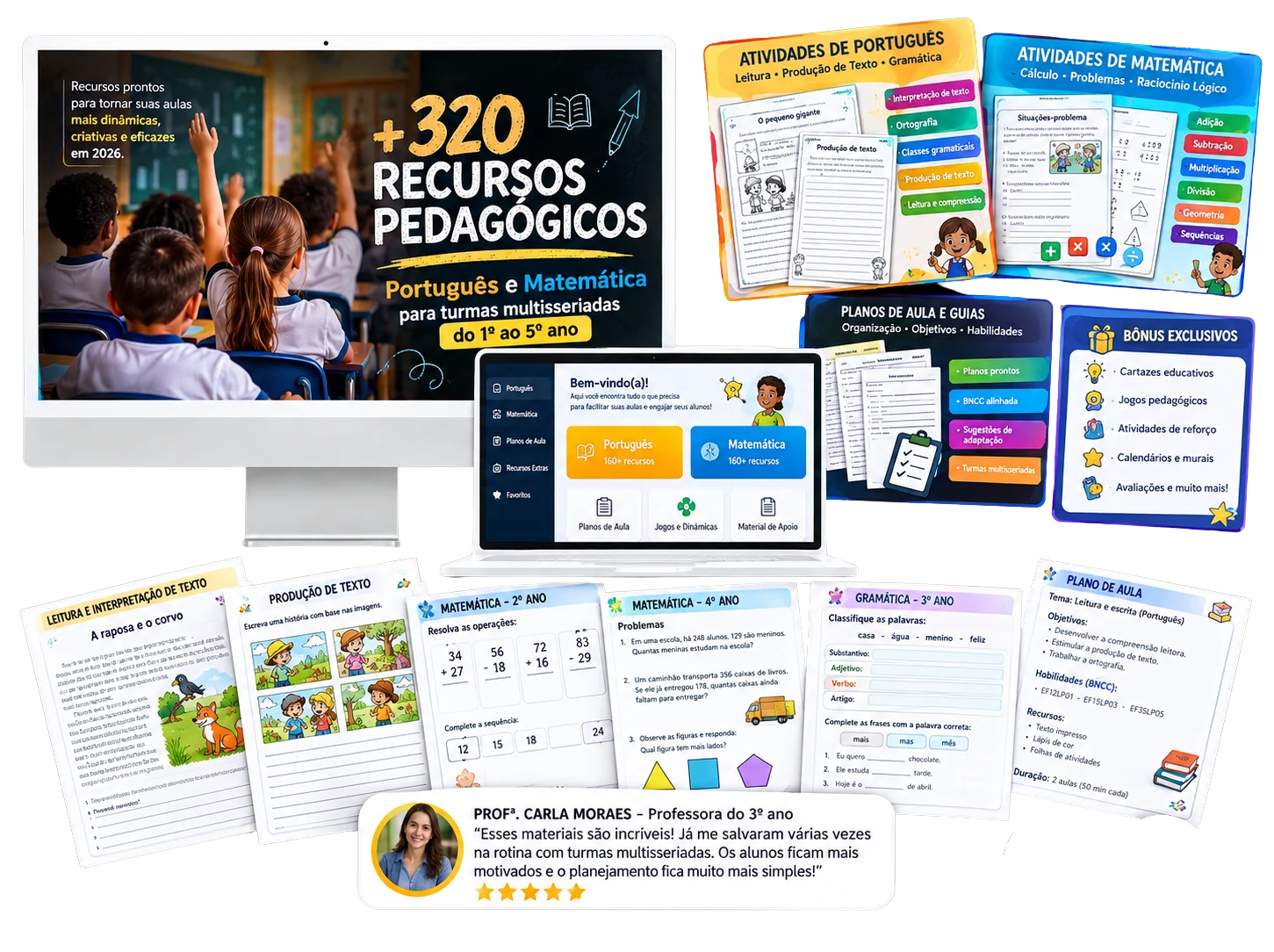 Kit de recursos pedagógicos exibido em tablet, notebook e páginas impressas